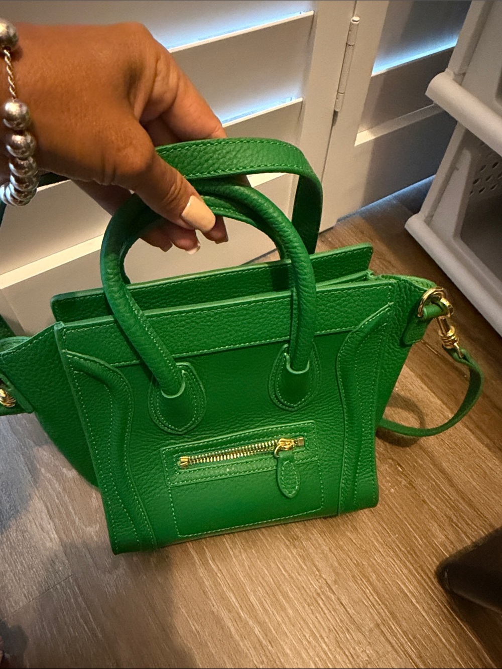Green Pebbled Leather Satchel with Gold Hardware